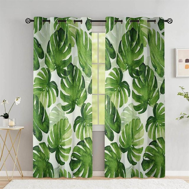 A Family Of Home Textiles Sommer-Vorhänge mit tropischen Palm- und Bananenblättern, semi-transparent, grün, B: 220 cm, H: 214 cm - Bild 1
