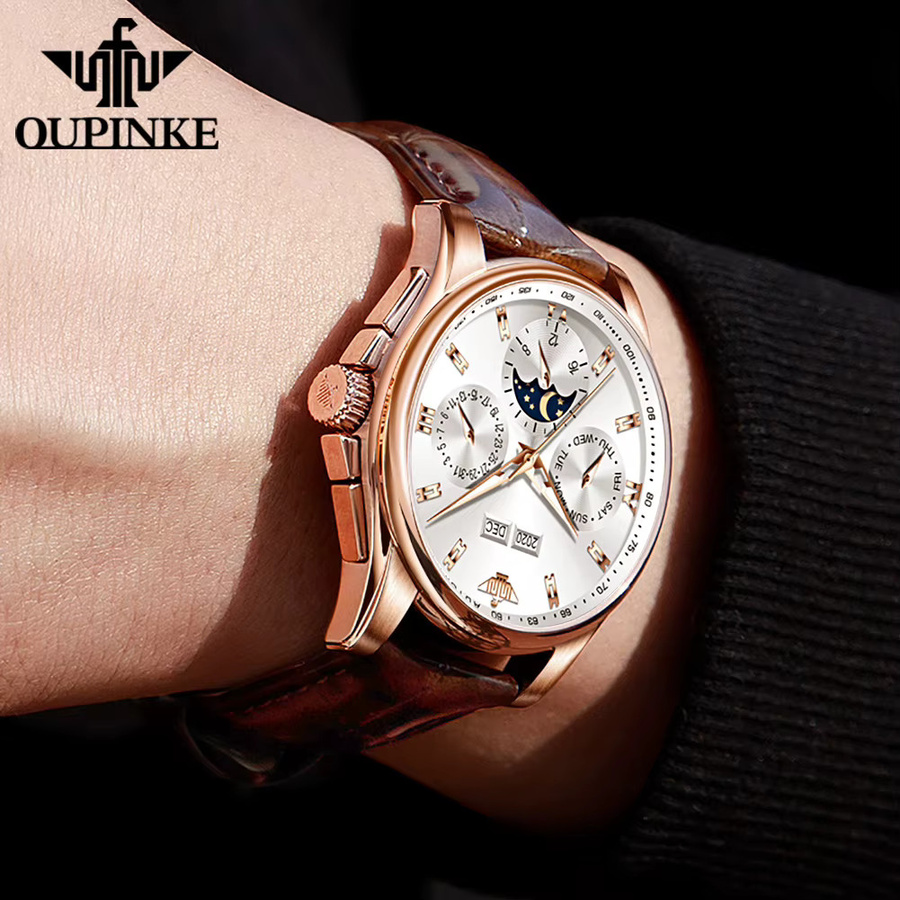 OUPINKE Herrenuhr, Automatik, Edelstahl, Leder, Weiß, 5 ATM, Herren - Bild 3