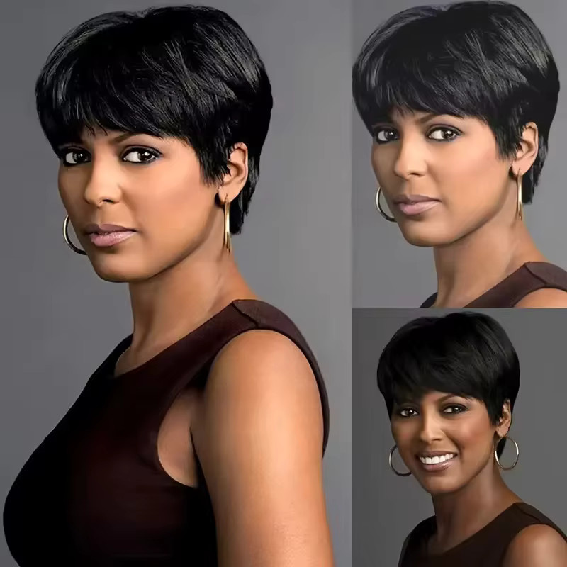 OYM HAIR Pixie-Perücke aus Echthaar, Schwarz, mit Pony, Damen - Bild 2