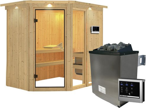 Karibu Sauna Paide 1 aus Fichtenholz mit 9 kW Saunaofen und externer Steuerung für 3 Personen, beige, B/T/H: 210 x 165 x 202 cm - Bild 1
