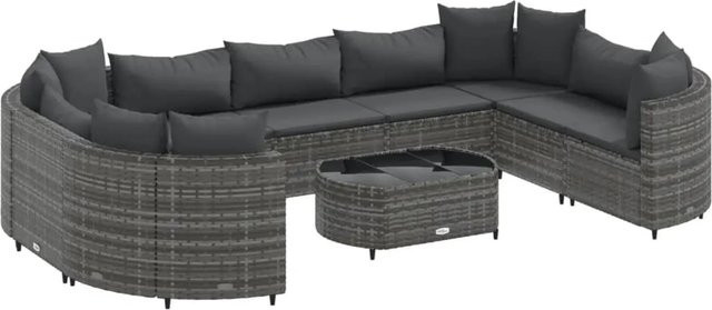 vidaXL 10-tlg Garten-Sofagarnitur in L-Form aus grauem Poly-Rattan mit Kissen und Couchtisch - Bild 1