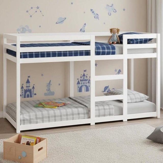 Etagenbett aus Massivholz für Kinder- und Jugendzimmer mit Sicherheitsgeländern und Schubladen in Braun oder Weiß - Bild 1