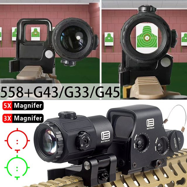 Eotech 558+G43 Holografisches Kollimator-Visier Rotpunkt-Optikvisier in Schwarz mit 3X und 5X Vergrößerungsglas für 20mm Schienenmontage - Bild 1