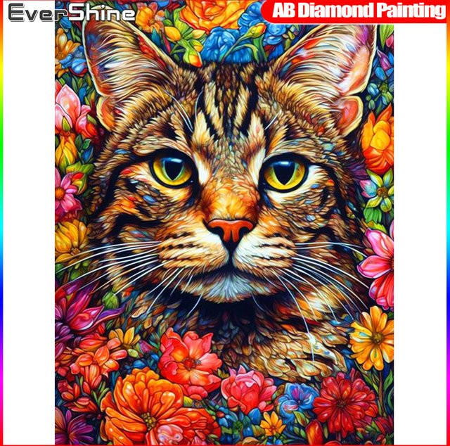 Evershine Diamantmalerei Katze und Blumen als Mosaik-Wandkunst mit AB-Bohrern in Multicolour - Bild 1