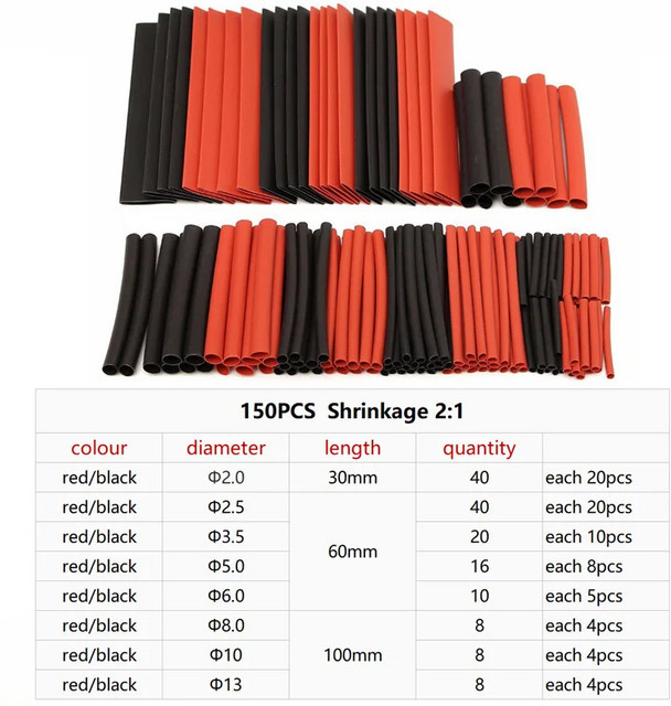 ELECAPITAL Isolier-Schrumpfschlauch Set, 150 Stück, hitzebeständig, Farben: Schwarz und Rot, Schrumpfverhältnis 2:1 - Bild 1