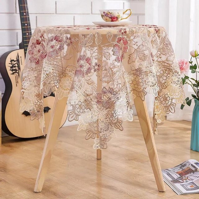 JINGYUE Pet Tischtuch mit weißer Spitze und floraler Bestickung, quadratisch, B/B: 85 x 85 cm - Bild 1