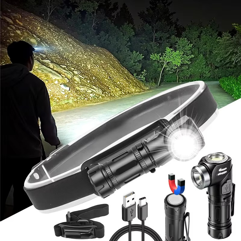 JIASHUAIXIN LED und COB wasserdichte Kopf-Taschenlampe mit USB-C wiederaufladbar, verstellbarer Scheinwerfer in Schwarz mit Magnetfunktion und 90 Grad Neigung für Camping und Outdoor - Bild 2
