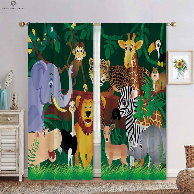 Dekorative Vorhänge mit Cartoon Regenbogen Wald Tierdruck für Kinderzimmer, 2er Set, Farbe: Mehrfarbig, B: 50 cm, H: 130 cm - Bild 1