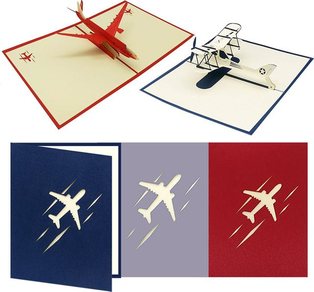 ZYF 3D Flugzeug-Grußkarte im Retro-Stil, rote Papier-Schnitzkarte für Festival- und Party-Einladungen - Bild 1