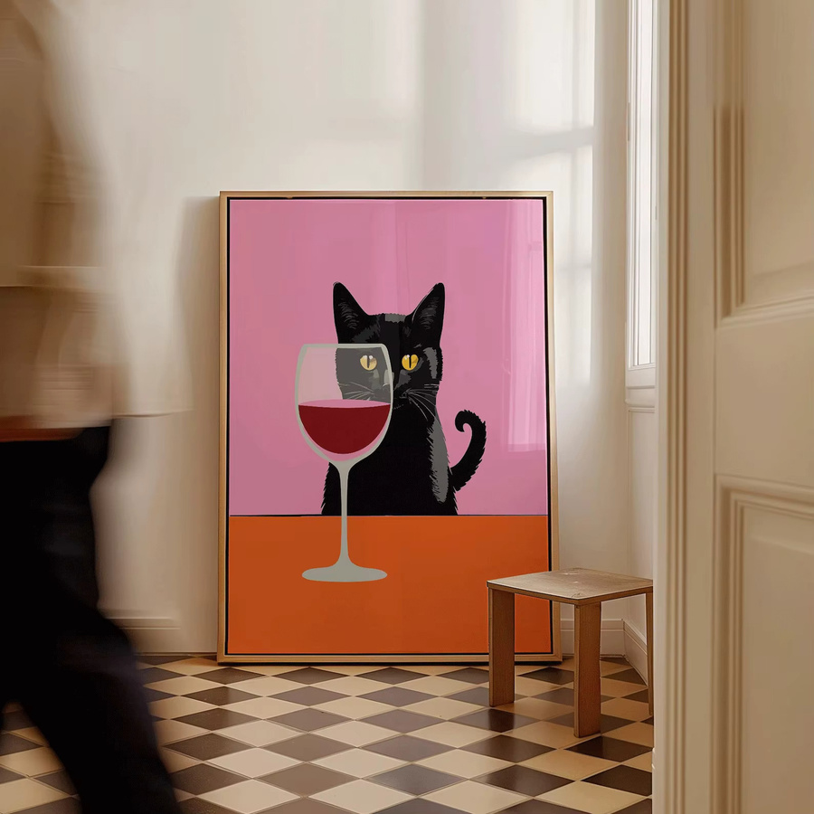 SHENCHEN Wandbild mit Motiv einer Katze und Wein in Schwarz, Pink und Orange, modernes rechteckiges Wanddekor für Küche und Bar - Bild 2