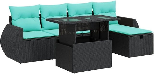 vidaXL 6-teilige Garten-Sofagarnitur aus Poly-Rattan und Akazie mit Kissen in Grau und Schwarz - Bild 1
