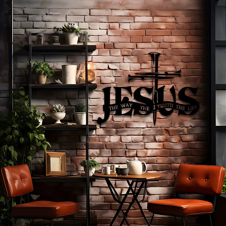 DDPNKL Jesus-Wanddekoration aus Metall in Schwarz mit Kreuz, betenden Händen und Jesus-Schriftzug - Bild 3