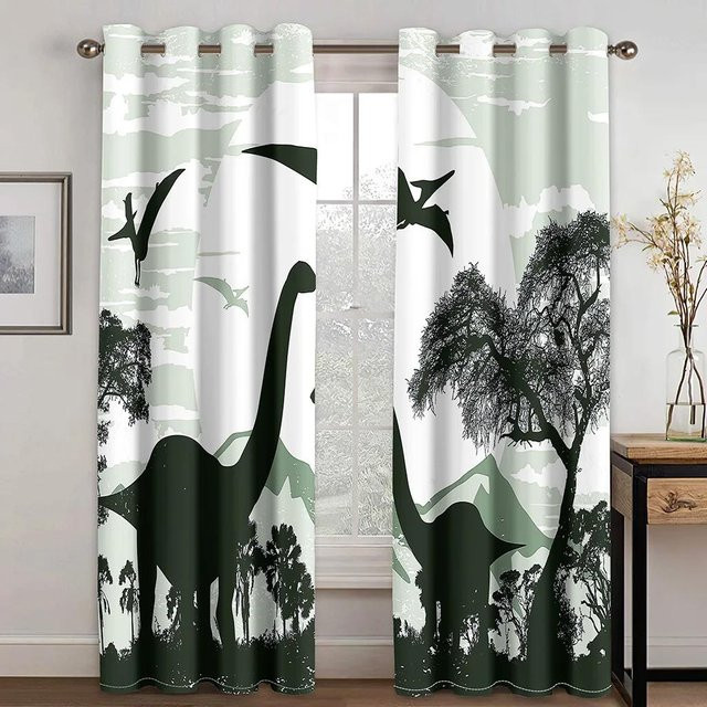 Verdunkelungsvorhang mit Cartoon Dinosaurier Motiv in Grün, 3D Digitaldruck, semi-transparent, Breite: 55 cm, Höhe: 185 cm, 2er-Set mit Ösen - Bild 1