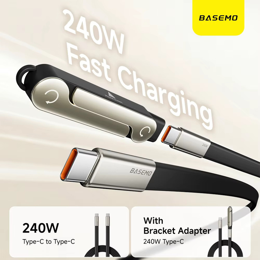 EOENKK 2-in-1 Schnellladekabel Typ-C zu Typ-C mit 240W und faltbarer Halterung für Telefon und Tablet, Schwarz/Orange - Bild 3