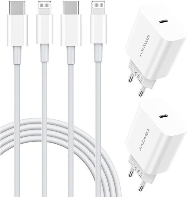 EF Connect 4er-Pack USB-C Ladegerät mit 2x 20W Netzteil und 2x 1m Lightning-Kabel in Weiß, kompatibel mit iPhone und iPad - Bild 1