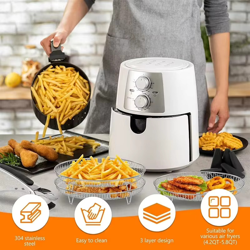 UNTIOR Quadratische Air Fryer Racks aus Edelstahl, 1/3 Schicht Stapelbare Ofengitter für die Küche, Silber - Bild 2