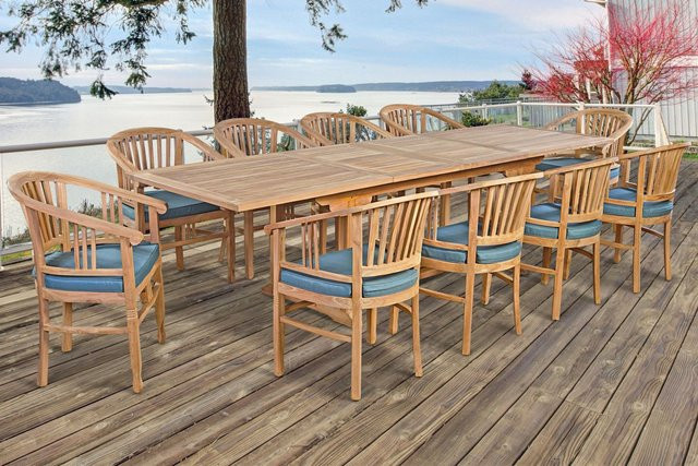 OUTFLEXX Garten-Essgruppe aus Teakholz mit 10 Armlehnensesseln und Polstern, Ausziehtisch in Braun und Grau, B/T/H: 195 bis 295 x 90 x 75 cm - Bild 1