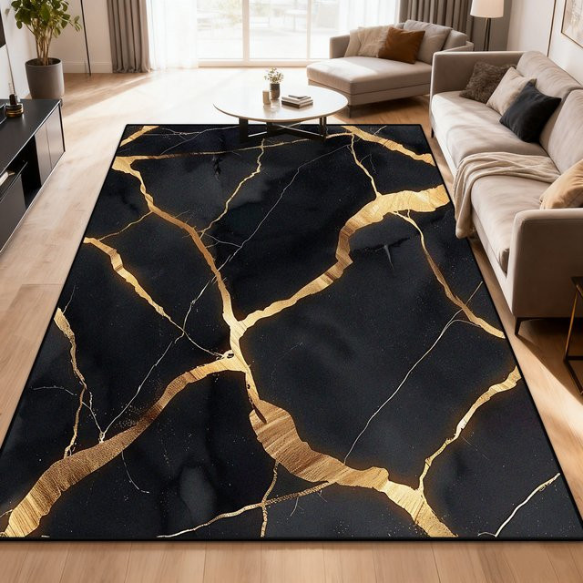 LYAHKAE Teppich mit abstrakter Marmor Textur in Schwarz, rutschfest und waschbar, Nordic Design für Wohnzimmer, Schlafzimmer oder Balkon - Bild 1