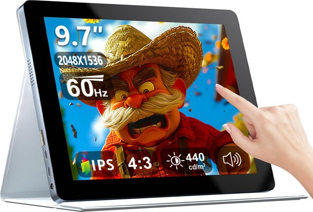 Pisichen Tragbarer 9,7 Zoll Touchscreen Monitor mit 2K LED IPS Display in Schwarz für Raspberry Pi, Xbox, PS4/5, Switch und Windows PC - Bild 1