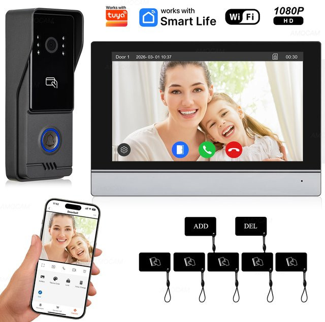 AMOCAM Smarte Video-Türklingel in Silber, 1080P WLAN Video-Gegensprechanlage mit Tuya Zwei-Wege-Kommunikation und Türöffner-Funktion, 4-Draht-System - Bild 1