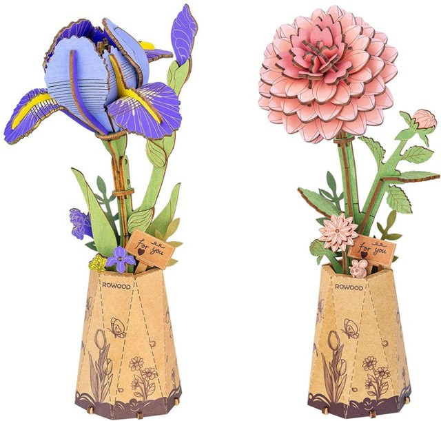 ROBOTIME 3D Holzblumen-Puzzle DIY Blumenstrauß in Lila und Naturfarben zur Heimdekoration - Bild 1