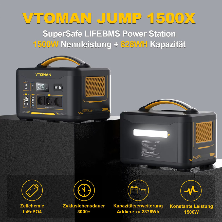 VTOMAN JUMP 1500X Tragbare Powerstation mit LiFePO4 Batterie, 828Wh, 1500W, Solargenerator in Schwarz - Bild 7
