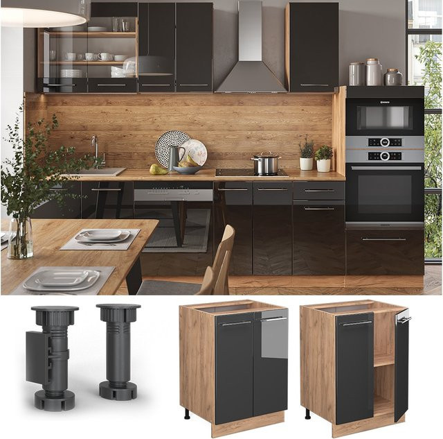 Vicco Küchenunterschrank Fame-Line in Eiche und Anthrazit Hochglanz mit Softclose-Scharnieren und Einlegeboden, Breite: 60 cm - Bild 1