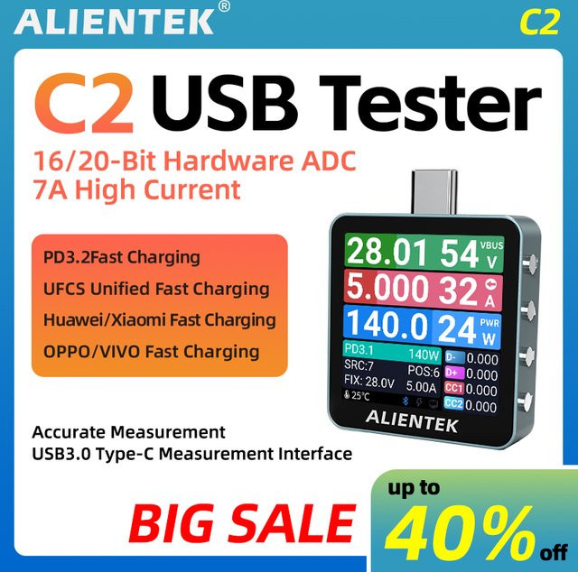 ALIENTEK USB Tester C2 Digitaler USB-C Batterietester und PD3.2 Ladedetektor mit Schnellladungserkennung in Schwarz - Bild 1