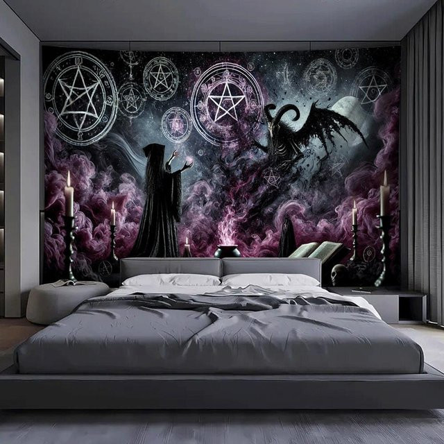 VIKAMA Dark Mage Wandteppich Pentagramm in Lila für Halloween und Magic Theme Dekoration B: 60 cm, H: 40 cm - Bild 1