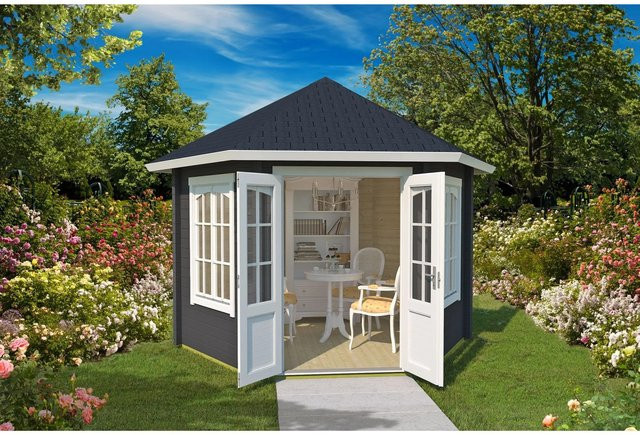 Lasita Maja Pavillon aus Fichtenholz in Carbongrau inklusive Dachkappe und Fußboden, Breite: 303,1 cm - Bild 1