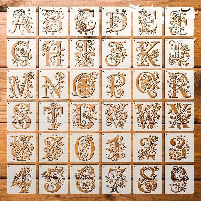 Hengchen Alphabet Schablonen Set mit Rosen-Motiv, 36 Stück, beige, Kunststoff-Graffiti-Vorlagen für DIY-Wandgestaltung - Bild 1
