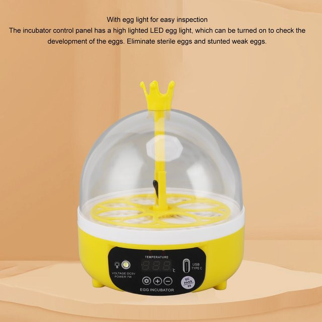 Qiilu Mini-Ei-Inkubator für Zuhause mit automatischer Temperatur- und Feuchtigkeitsregelung, gelb, für 4 Eier, Geflügel-Schlüpmaschine für Hühner und Enten, B/T/H: 18,0 x 13,7 x 13,7 cm - Bild 1