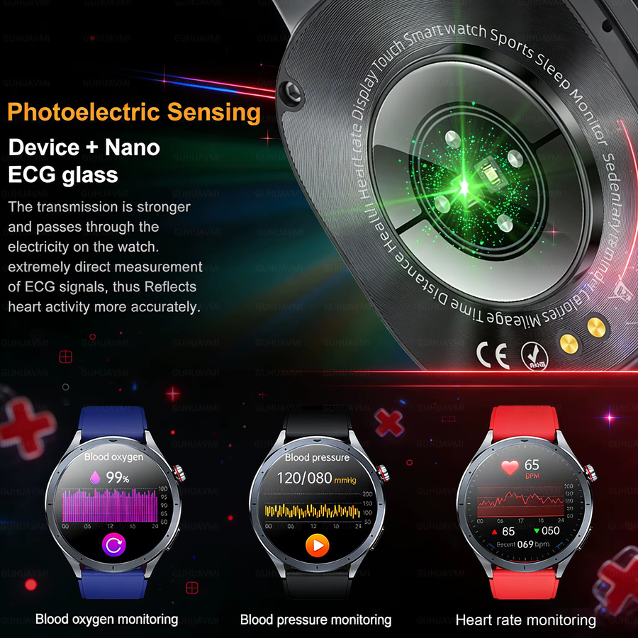 GUHUAVMI Gesundheits-Smartwatch mit 650nm Lasertherapie, EKG, Harnsäure- und Blutdruckmessung sowie Bluetooth-Anruffunktion für Android und iOS, Schwarz - Bild 5