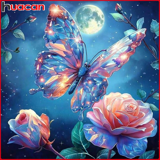 Huacan Diamantgemälde Schmetterling und Rose als dekoratives Diamantmosaik in Multicolour, Breite: 20 cm, Höhe: 20 cm - Bild 1
