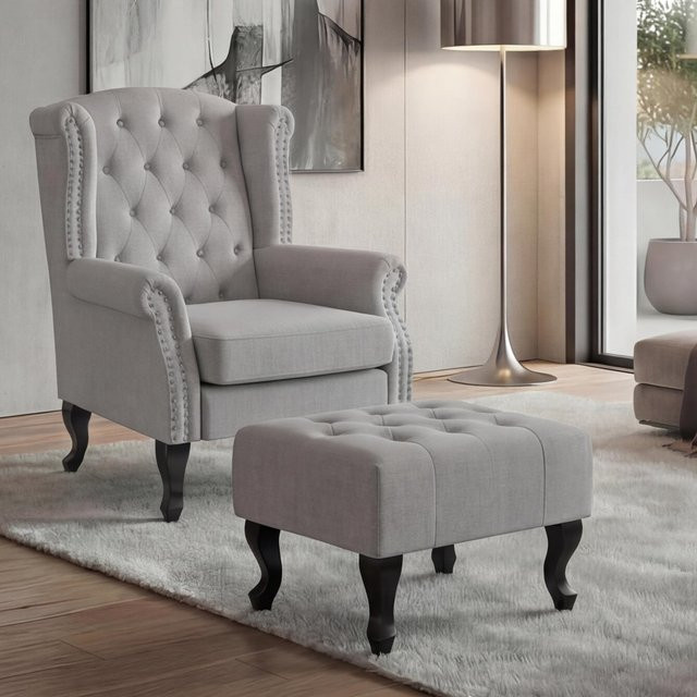MCW Chesterfield Oxford Relaxsessel mit Ottomane in Grau mit Rautenmuster aus Stoff - Bild 1