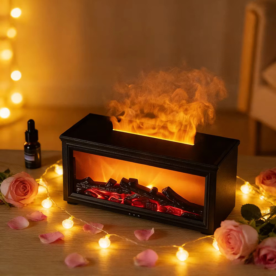 HAOYUNMA Aromadiffusor mit künstlicher Flamme und bunten Nachtlichtern, USB-betriebener Luftbefeuchter in Schwarz - Bild 2