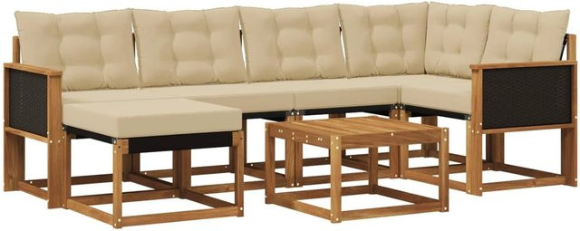 vidaXL Outdoor-Sofagarnitur L-Form aus Akazienholz mit Textilene und Kissen in Natur-Beige - Bild 1