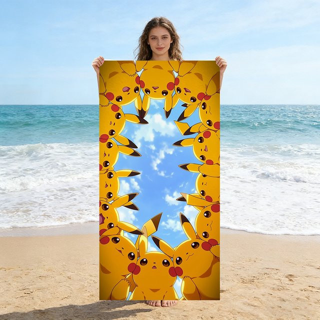 Potdemiel Pikachu Circle Strandtuch Gelb, schnell trocknendes Mikrofaser-Badetuch mit Pokemon-Aufdruck für Kinder und Erwachsene - Bild 1