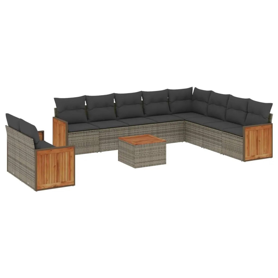 vidaXL 11-teilige Garten-Sofagarnitur in L-Form aus Polyrattan und Akazienholz mit Kissen in Grau - Bild 2