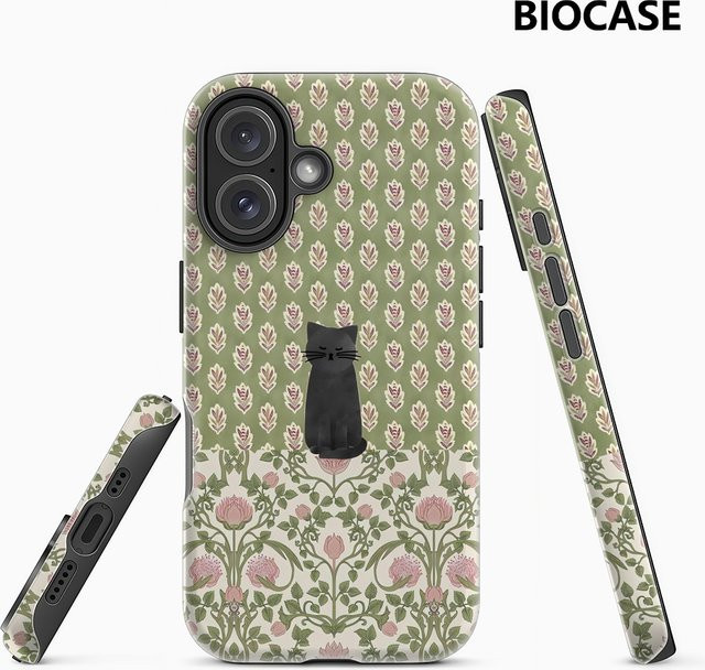 Potdemiel Robuste Handyhülle mit schwarzer Katze und Blumenmuster für iPhone 17 16 15 14 13 Pro Max Plus, Magnetisch, Schwarz - Bild 1