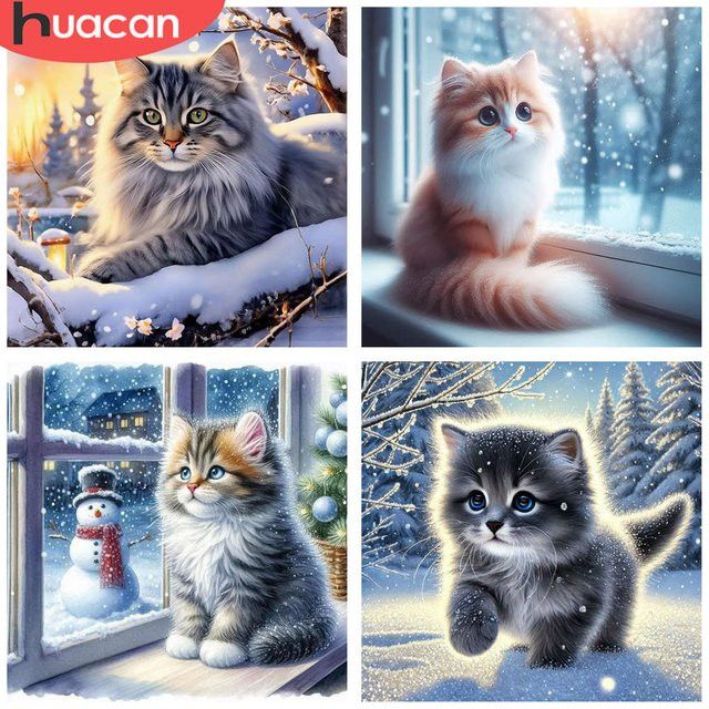 HUACAN 5D Diamant-Stickerei-Set majestätische Winter-Katze Strass-Leinwand für Kunsthandwerk B/H: 20 x 20 cm - Bild 1