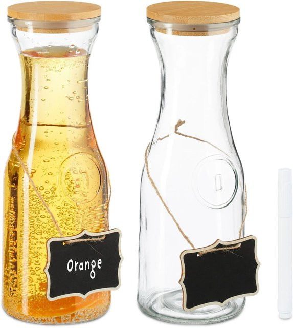 Relaxdays Wasserkaraffe aus Glas mit Bambusdeckel, transparent, 2er Pack, Höhe: 27 cm, Breite: 9,5 cm - Bild 1