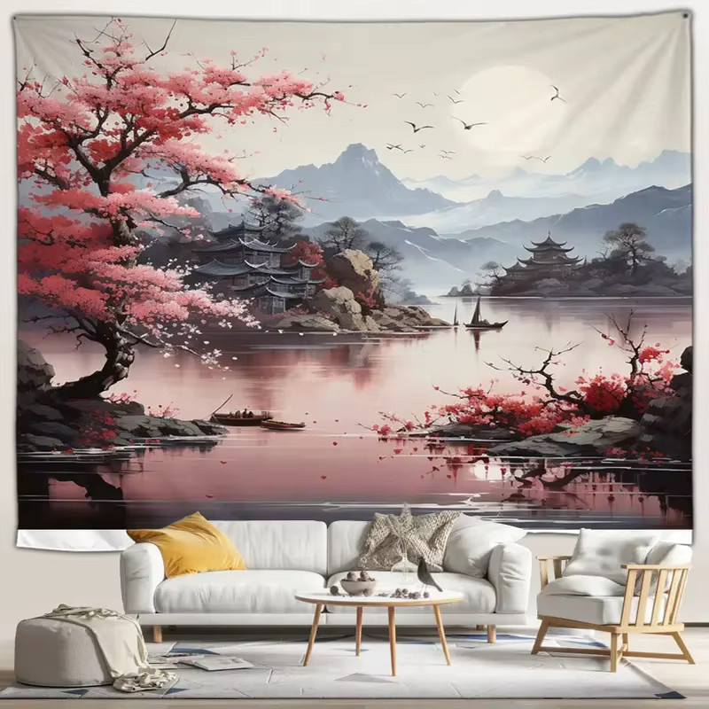 VIKAMA Wandteppich Pfirsichblüten-Wunderland-Landschaft im chinesischen Jiangnan Zen Stil, Mehrfarbig, B/H: 60 x 40 cm - Bild 1