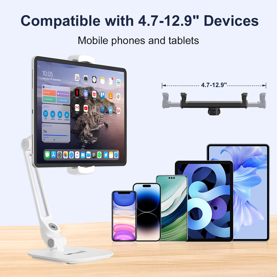 FORZOLA 360 Grad drehbarer und faltbarer Desktop-Halter in Weiß, verstellbarer Schreibtisch-Telefonhalter für iPhone, iPad, Samsung und Xiaomi Tablet - Bild 2