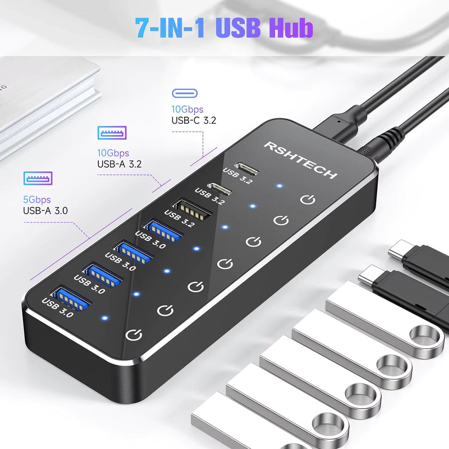 RSHTECH USB-C-Hub mit 7 Ports und 10 Gbit/s USB-C 3.2 Anschlüssen, schwarzer Laptop-USB-Splitter mit individuellen Touch-Switches und 5 V/3 A Netzteil - Bild 3