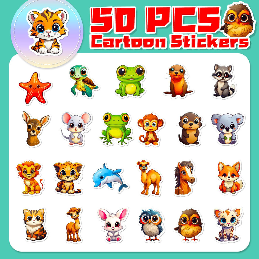 50 Tier-Sticker mit großen Augen Cartoon Naturtier-Doodle-Sticker - Bild 2