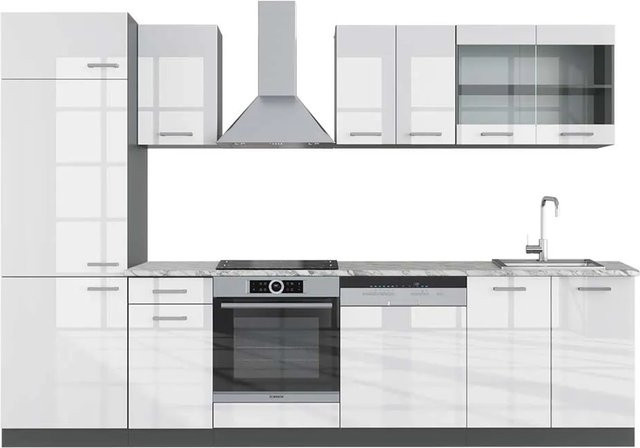 Vicco R-Line Küchenzeile Weiß Hochglanz Anthrazit mit Marmor-Optik B: 300 cm, H: 207 cm, T: 60 cm - Bild 1