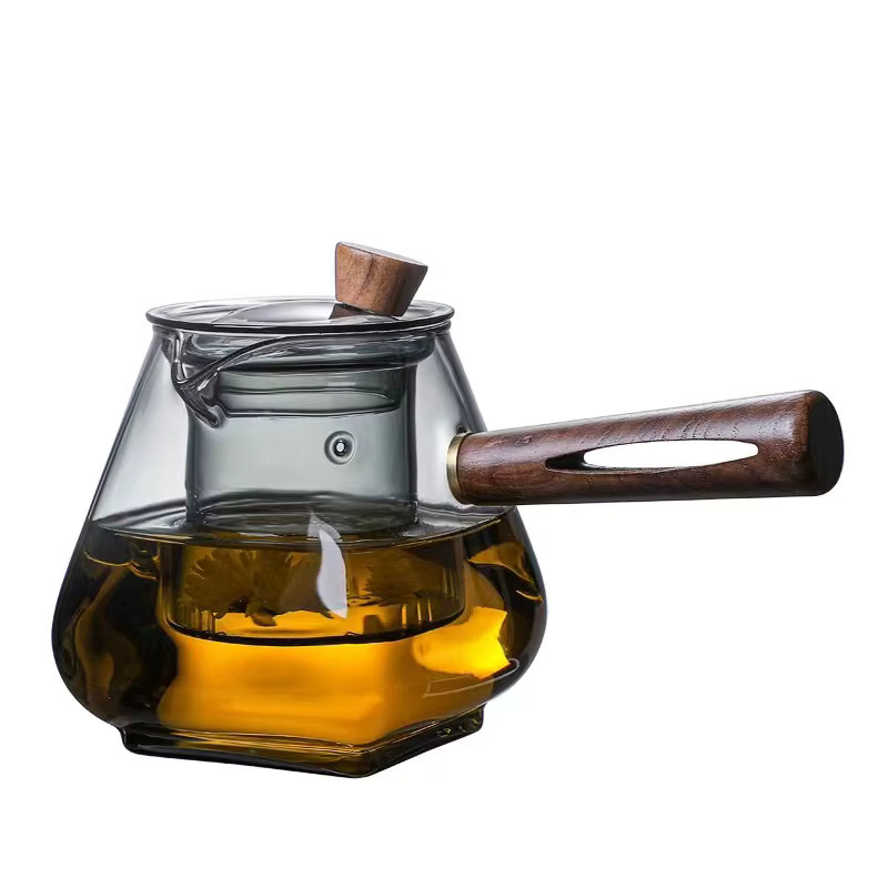 Teekanne aus Borosilikatglas mit Holzgriff und Seitengriff, transparent, herdfest - Bild 4