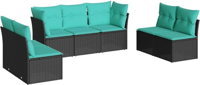 vidaXL 7-teilige Garten-Sofagarnitur in L-Form aus Poly-Rattan mit Kissen in Schwarz und Blau - Bild 1