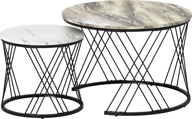 HOMCOM Couchtisch 2er Set rund mit Marmoroptik in Grau und Weiß mit Metallrahmen für dein Wohnzimmer oder Schlafzimmer - Bild 1
